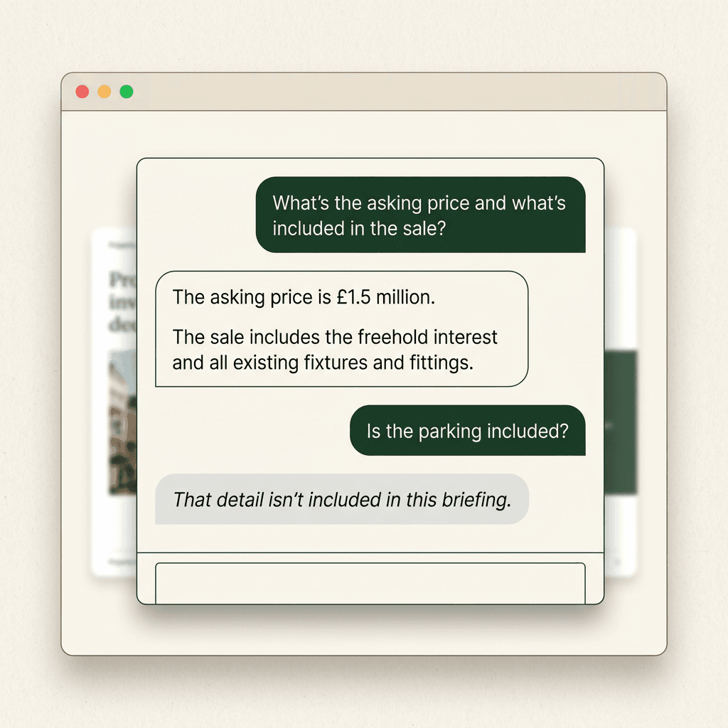 An audience of three people chatting with a WyAsk envelope containing files, property, product and service icons.